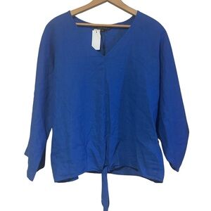 New Charlie B Blue Linen Blend Blouse Top Ties Size Large V-neck Roll Tab Sleeve